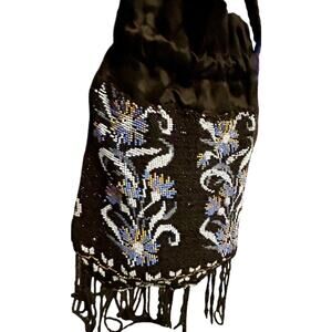 Antique Beaded Purse c1930 Black with Blue and Yellow Floral Read Description